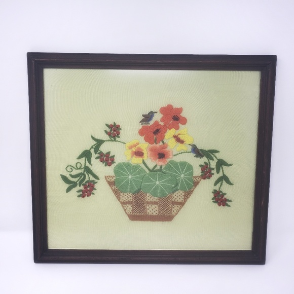Handmade Other - Vintage Framed Embroidered 1970's Hummingbird Art